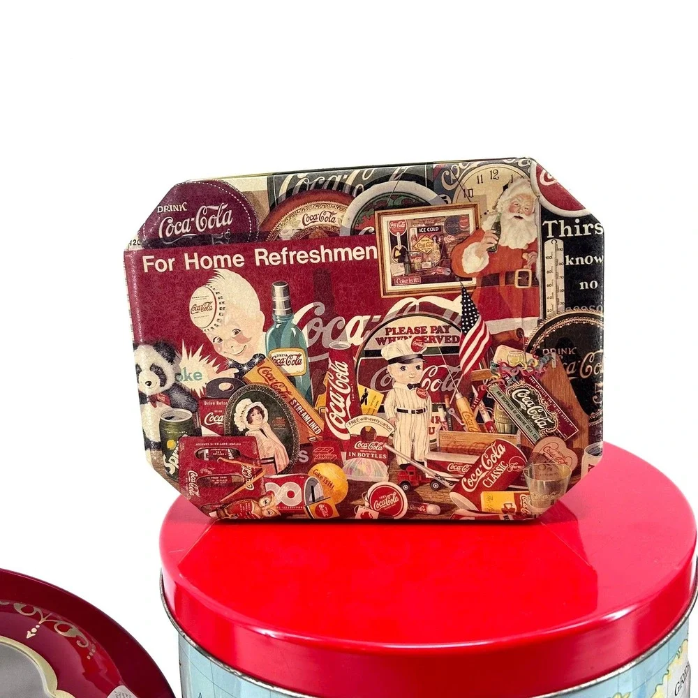 Vintage Coca-Cola Collectible Tin Lot World Map Carrier Tray Lunch Box 5pc Set